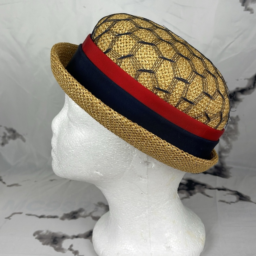 Jan Leslie Vintage Boater Hat Straw Red & Blue Grosgrain Ribbon Band Tassel Net - Picture 4 of 8